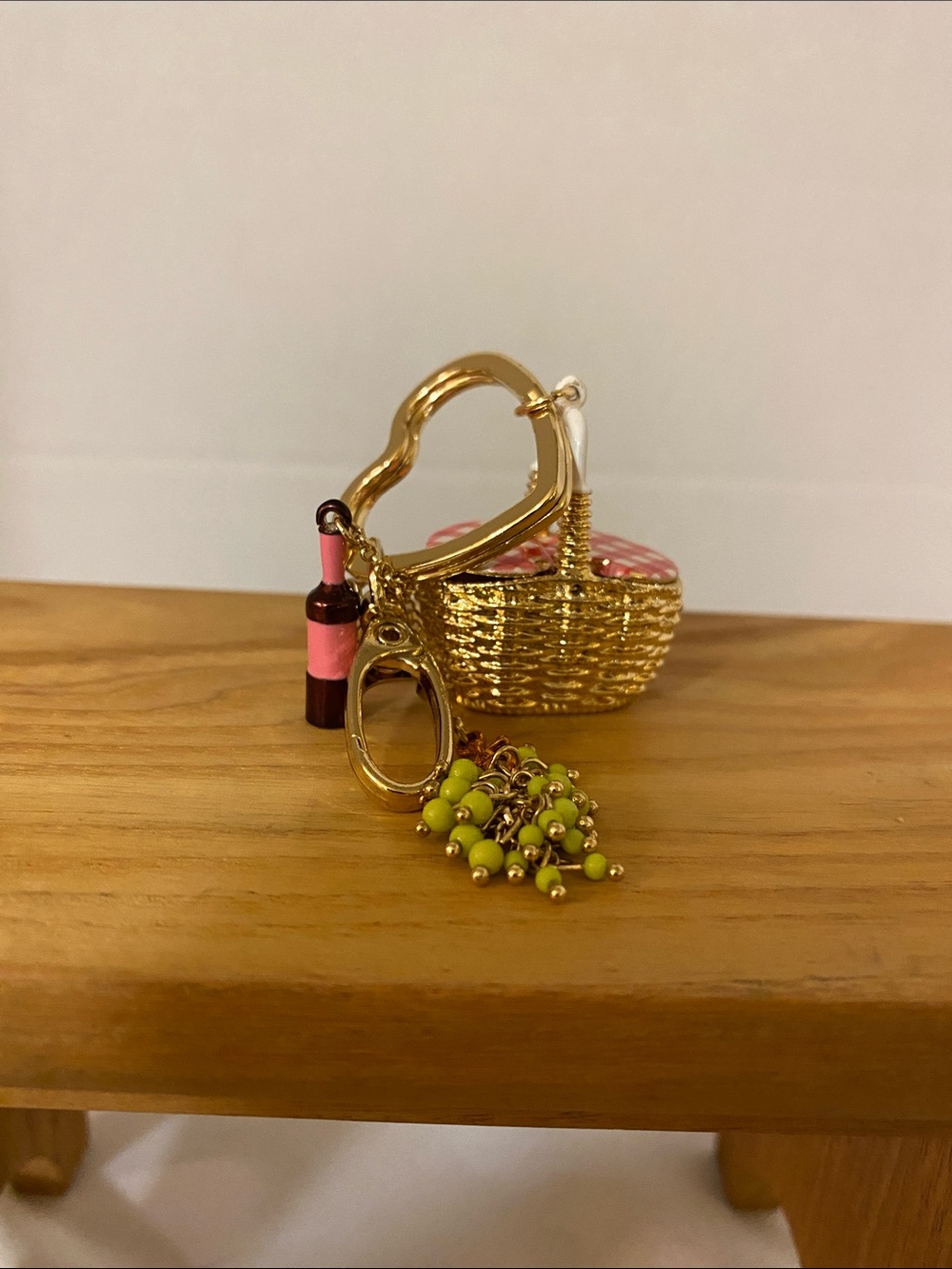 Gold Picnic Basket Keychain Bag Charm with Pink Wine Bottle and Lime Beads - Picture 1 of 9